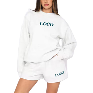 Custom Logo Women <b>White</b> Oversized Sweatshirt and Shorts <b>Set</b> Casual Two <b>Piece</b> Lounge <b>Set</b> Cotton Fleece Tracksuit Blank Crew Neck - Product Image 4