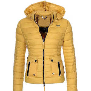 Women's Gray Quilted Puffer <b>Jacket</b> With Hood Zipper Closure Winter Short Coat Full Sleeve Warm Outerwear - Product Image 2