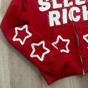 Custom Star Graphic Zip Up <b>Hoodie</b> Embroidered Lettering <b>Red</b> Streetwear Sweatshirt <b>Red</b> Star Embroidery Zip <b>Hoodie</b> - Product Image 4