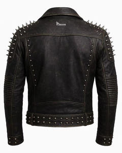 Blouson de moto punk rock pour homme en cuir véritable respirant, fait main, style urbain, matelassé, col montant, vente en gros - Product Image 2