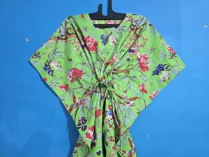 Vestido Kaftán de Algodón 100% de la India para Mujer, Talla Única, Estampado de Pájaros Verdes, Suave, Holgado, Cintura Elástica, para Uso Diario - Product Image 5