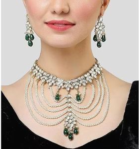Parure Collier Ras-du-Cou et Boucles d'Oreilles Tendance en Alliage Plaqué Or pour Femme, Style Classique Indien, Haute Qualité, Idéale pour Mariage, Fiançailles, Anniversaire, Fête - Product Image 1