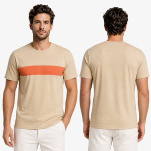 Camiseta de Manga Corta Beige para Hombre con Ribete en Contraste Naranja, Corte Regular, Cuello Redondo, Estilo Casual - Product Image 2