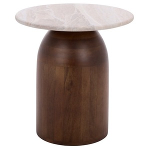 EarthForm Cream Travertine Pedestal Stand | Modernist <b>Walnut</b> Wood Base <b>Coffee</b> Side <b>Table</b> for Luxury Villa - Product Image 1