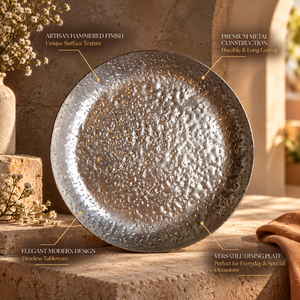 Assiette de table Luna en argent martelé, finition métallique texturée, vaisselle artisanale moderne, plat de service haut de gamme |   Assiettes Premium - Product Image 2