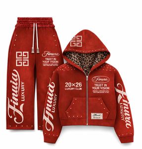 Conjunto Deportivo de Sudadera con Capucha y Pantalones Jogger Rojos para Mujer, Marca Finura, Manga Larga, Estampado, Estilo Urbano, Corte Holgado, 2 Piezas, para Todas las Temporadas - Product Image 1