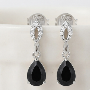 Boucles d'oreilles pendantes classiques en argent sterling 925 avec serti clos, goutte d'eau noire, incrustation de zircon, pour mariage, fête, cadeau - Product Image 1