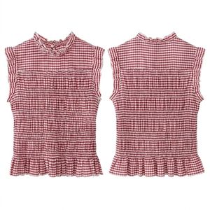 Custom <b>Red</b> Gingham Women's Sleeveless <b>Blouse</b> Ruffle Neck Gathered Hem Vintage Checkered Summer Casual Top - Product Image 3