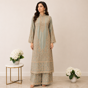 Luxury Cotton Pakistani Long Cut Embroidered Suit Women Premium Designer Dust Pink Party Wedding Wear Straight Kurta Palazzo - Product Image 3
