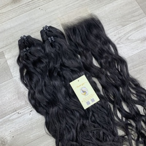 Extensions de cheveux humains vietnamiens noirs, ondulés, à petits nœuds, trame papillon, super double drawn, Genius Weft, en gros - Product Image 3
