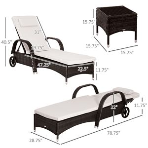 Set di Mobili da Esterno in 3 Pezzi, Marrone, con Sedia a Sdraio in Vimini, Braccioli, Cuscino, Poggiatesta, Tavolino Laterale e Ruote - Product Image 3