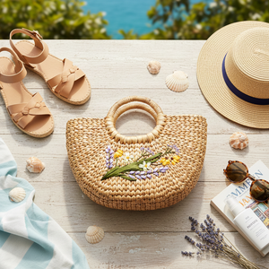 Bolso de Jacinto de Agua Tejido en Forma de Media Luna con Asa de Ratán – Flores Bordadas a Mano con Cinta de Alta Calidad - Product Image 1