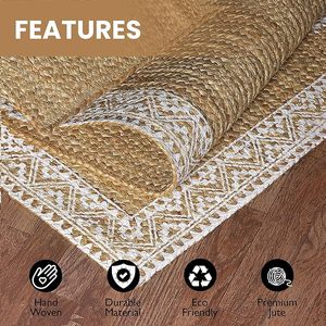 Tapis en jute tissé 2,6 x 6 pieds, blanc, à bordure imprimée, résistant aux taches, à poils longs, idéal pour couloir, salon, voyage - Vente chaude - Product Image 5