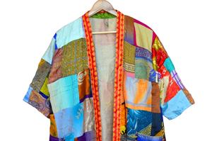 กิโมโนผ้าไหมสั้นวินเทจสำหรับผู้หญิงเสื้อคลุมเพื่อนเจ้าสาวผ้าชีฟองเย็บปะต่อกันมาใหม่ - Product Image 2