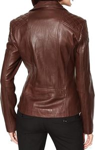 Chaqueta de Motera para Mujer con Logotipo Personalizado, Elegante, de Alta Calidad, en Piel de Cordero Marrón Chocolate Genuina, Venta al Por Mayor, Moda OEM con Cierre - Product Image 2