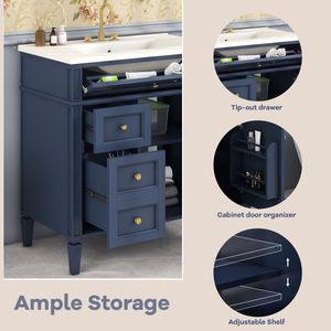 Modern 30\" <b>Bathroom</b> <b>Vanity</b> with Top Sink Single Sink <b>Bathroom</b> Van & 2 Drawers Stylish 2-Paneled Storage Cabinet Tip-Open Drawer - Product Image 5