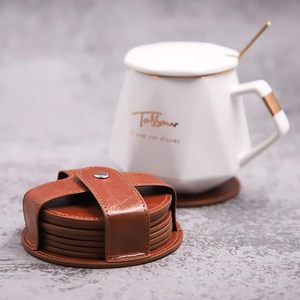 Sous-verres en cuir PU, 8 pièces avec support, sous-verres durables et antidérapants pour protéger les dessus de table, avec support en cuir - Product Image 1