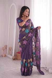 <b>Purple</b> Floral Embroidered Silk <b>Saree</b> With Lace Border Traditional Indian Wear For Women Wedding Occasion All Seasons - Product Image 1