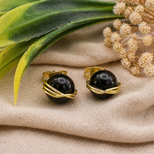 Natural Black Onyx Wire Wrapped <b>Studs</b> | 8mm Gemstone Earrings | Handmade Gift for Her - Product Image 1