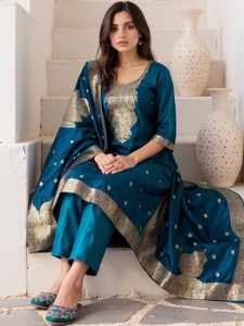 Teal Silk Embroidered <b>Kurta</b> Set With Dupatta Traditional <b>Indian</b> Wedding Wear Women Knee-Length Regular Fit Diwali Dress - Product Image 2