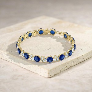 Lab Grown Blue Sapphire <b>Charm</b> Bracelet in 925 Sterling <b>Silver</b> Gold Plated Luxury Elegant September Birthstone Jewelry - Product Image 2
