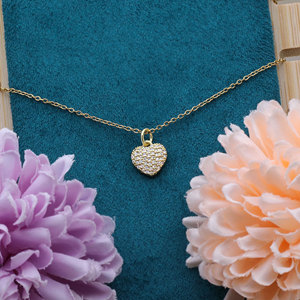 925 Sterling Silver Gold Plated Heart Pendant Necklace White CZ Pave Setting <b>Cable</b> Chain Wholesale Jewelry - Product Image 6