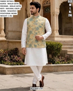 Kurta Payama en satin blanc Malai pour homme Royal 2.0 avec Koti brodé violet, tenue traditionnelle de mariage, tailles M, L, XL, 2XL - Product Image 2