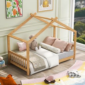 Letto a piattaforma matrimoniale naturale con testiera e pediera, letti per bambini con design unico a tetto - Product Image 1