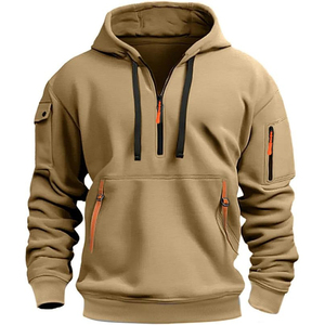 Sweat-shirt à capuche kaki pour homme avec fermeture éclair quart de tour et poches, coupe classique, décontracté, pour l'automne - Product Image 1