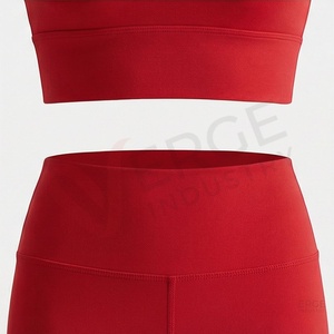 <b>Women</b> <b>Red</b> Seamless Yoga Set 2 Piece Racerback Scoop Neck Sports Bra High Waist Full Length Leggings - Product Image 5