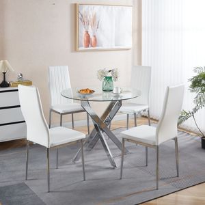 Set da Pranzo Mid-Century 1+4,5 Pezzi con Tavolo con Gambe in Metallo, Tavolo da Pranzo con Base a Piedistallo e Piano in Vetro per 4-6 Persone, per Uso in Sala da Pranzo - Product Image 2