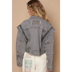 Veste en jean courte POL pour femme avec manteau chic à fermeture éclair fonctionnelle - Product Image 1