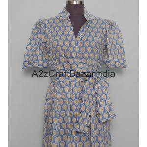 Robe midi à imprimé floral en coton 100% écologique pour femmes, col en V, manches courtes, poches, décoration boutonnée, robe de bureau pour femme - Product Image 4