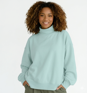 Sudadera Oversize Personalizada para Mujer, Verde Azulado, Lisa, Cuello Alto Simulado, Hombros Caídos, Forro Polar Grueso, Estilo Urbano, Jade - Product Image 5