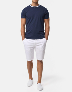 T-shirt à manches courtes pour homme, bleu marine, col rond, avec bordure contrastée, coupe classique, jersey en coton décontracté - Product Image 5