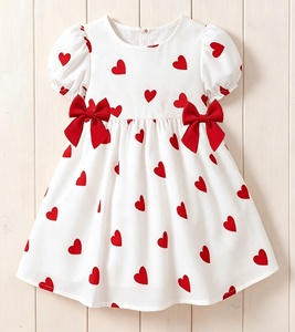 Girls Children's <b>Red</b> Heart Print Cotton Dress with White Puff Sleeves and <b>Bows</b>-Sweet A-Line Style - Product Image 6