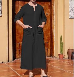 Robe musulmane islamique Khamis, Kaftan saoudien, Thobe Jubbah noir en coton et soie, vêtements traditionnels musulmans, Thobes - Meilleures ventes - Product Image 2