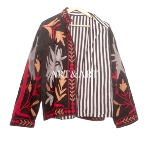 Handmade Floral Embroidery Quilted Cotrise Jacket Button <b>Detail</b> Cotton Stripe Lining Winter Autumn <b>Quick</b> Dry Style Party Wear - Product Image 1