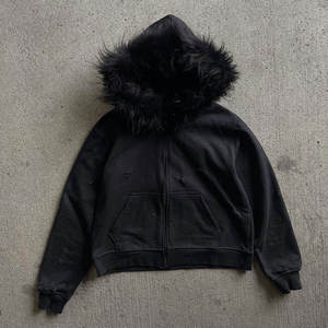 Custom Oversized Distressed Fur Hood Zip-Up <b>Hoodie</b> Jacket Heavyweight Winter Streetwear OEM Fur Black Hoodies For Men Hoodies - Product Image 3
