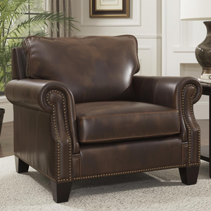 Real Cowhide Leather <b>Armchair</b> Premium Upholstered Accent Chair Classic Rolled Arms Nailhead Trim for Living Room Office Lounge - Product Image 1