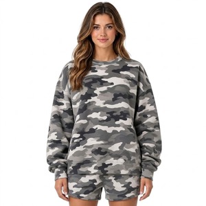 Ensemble de survêtement décontracté pour femme, motif camouflage bleu, sweat-shirt et short, col rond, manches longues, coupe ample, 2 pièces, vêtements de détente - Product Image 3