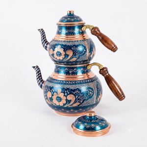 Handmade Turkish Copper <b>Tea</b> Pot <b>Set</b> Blue Enamel Painted Copper <b>Tea</b> Kettle Wooden Handle OEM ODM Wholesale Manufacturer - Product Image 1