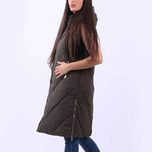 Gilet long matelassé vert olive sans manches pour femme, col roulé, fermeture éclair, manteau d'hiver épais en polyester rembourré - Product Image 3