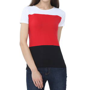 Camiseta Casual de Manga Corta con Bloques de Color para Mujer, Cuello Redondo, Corte Regular, en Rojo, Blanco y Negro, de Algodón y Elastano - Product Image 1