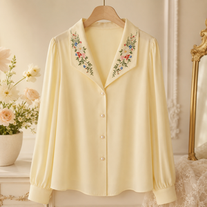 Camisa de Algodón Crema para Mujer, con Bordado de Flores Coloridas, Cuello con Botones, Blusa Casual a la Moda - Product Image 3