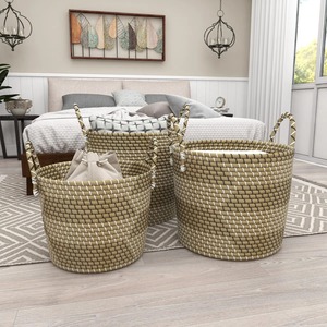 Set of 3 Seagrass <b>Baskets</b> with Handles Handmade <b>Storage</b> <b>Basket</b> Wholesale eco-friendly Made in Vietnam - Product Image 4