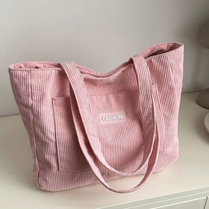 Sac fourre-tout en velours côtelé rose personnalisé pour femmes, grande capacité, en tissu coton, pour le shopping, les courses, l'école, le travail, sac à main à bandoulière - Product Image 1