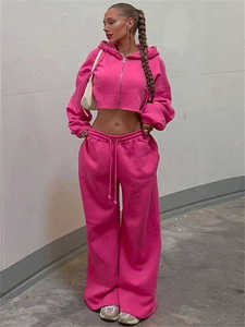 Women's Winter Solid Crop <b>Top</b> Hoodie & Short Jogger Set with Cuffs 100% Cotton Fleece Casual Custom Set - Product Image 3