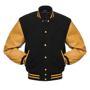 แจ็คเก็ตวาร์ซิตี้สีดำและสีเทาสำหรับผู้ชาย สไตล์เลตเตอร์แมน แจ็คเก็ตเบสบอลบุภายในนุ่มพร้อมแขนเสื้อหนังตัดสี - Product Image 5