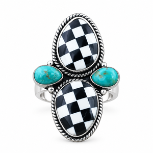 Anillo de Piedra a Cuadros Turquesa Negra, Estilo Ajedrez Occidental, Hecho a Mano, Anillo de Diseño Bohemio, Joyería del Suroeste, Regalo para Mujer - Product Image 2